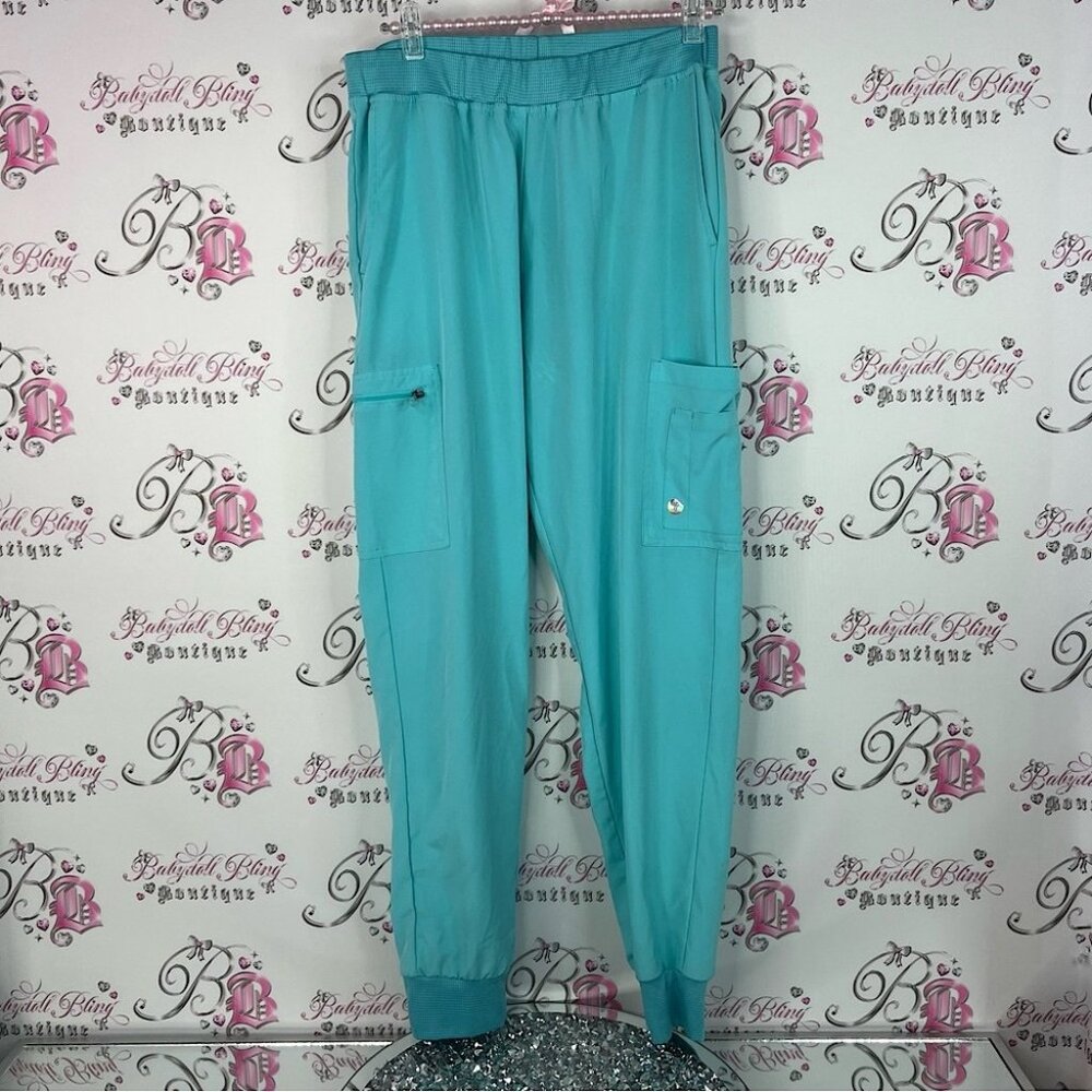 Scrubletics pants shiny buttons blue Teal Jogger Pants comfy stretch
